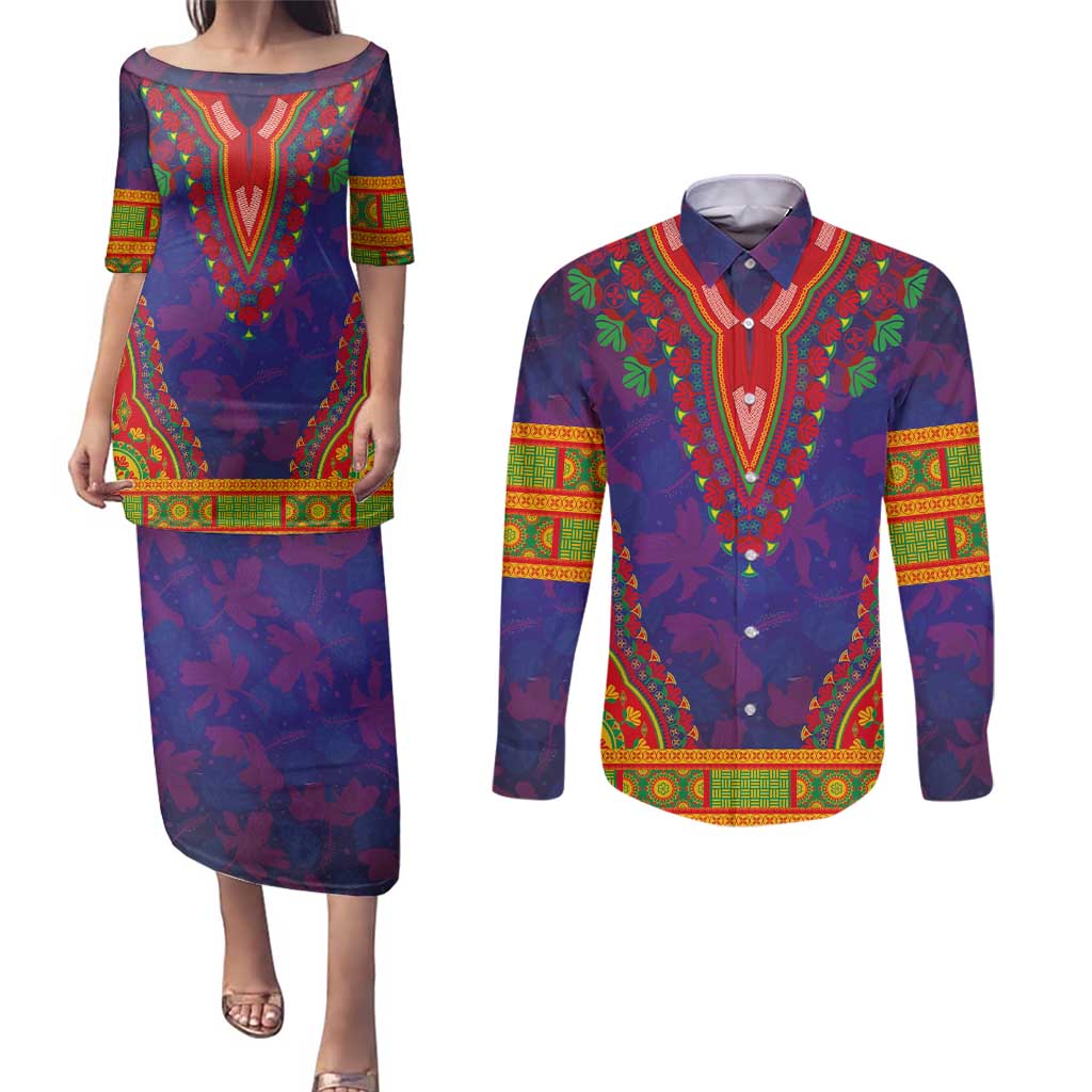 Haiti Choeblack Dashiki Style Couples Matching Puletasi and Long Sleeve Button Shirt Blue Color