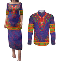 Haiti Choeblack Dashiki Style Couples Matching Puletasi and Long Sleeve Button Shirt Blue Color