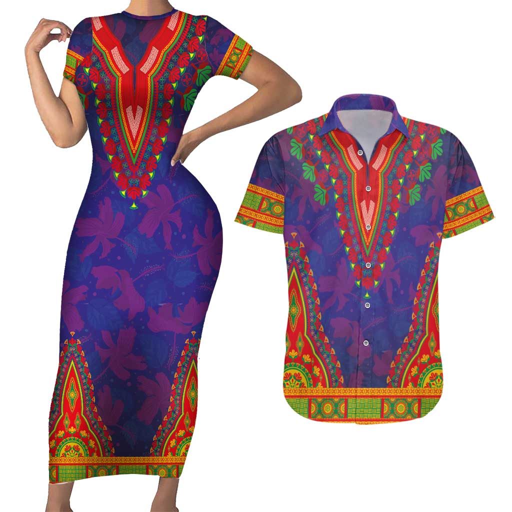 Haiti Choeblack Dashiki Style Couples Matching Short Sleeve Bodycon Dress and Hawaiian Shirt Blue Color