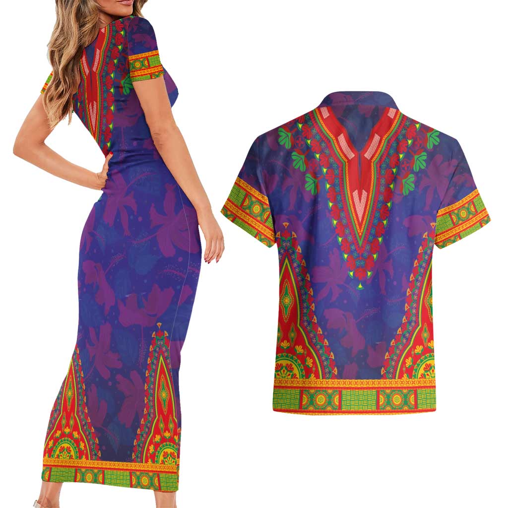 Haiti Choeblack Dashiki Style Couples Matching Short Sleeve Bodycon Dress and Hawaiian Shirt Blue Color