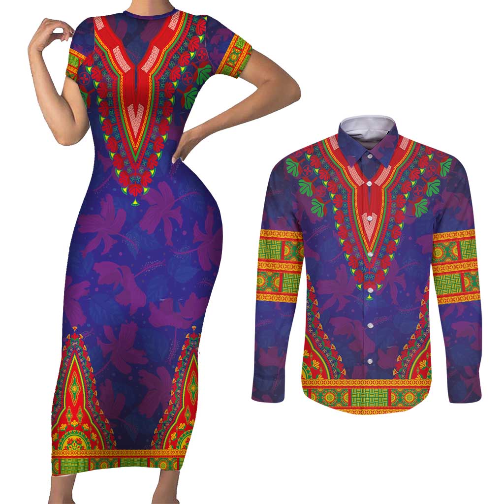 Haiti Choeblack Dashiki Style Couples Matching Short Sleeve Bodycon Dress and Long Sleeve Button Shirt Blue Color