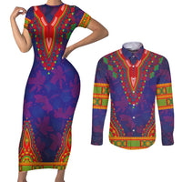 Haiti Choeblack Dashiki Style Couples Matching Short Sleeve Bodycon Dress and Long Sleeve Button Shirt Blue Color