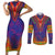 Haiti Choeblack Dashiki Style Couples Matching Short Sleeve Bodycon Dress and Long Sleeve Button Shirt Blue Color
