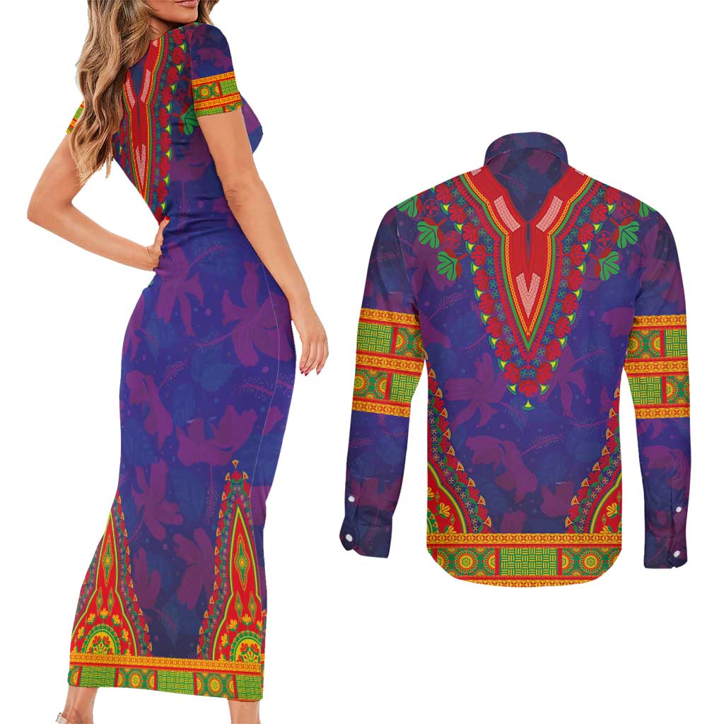 Haiti Choeblack Dashiki Style Couples Matching Short Sleeve Bodycon Dress and Long Sleeve Button Shirt Blue Color