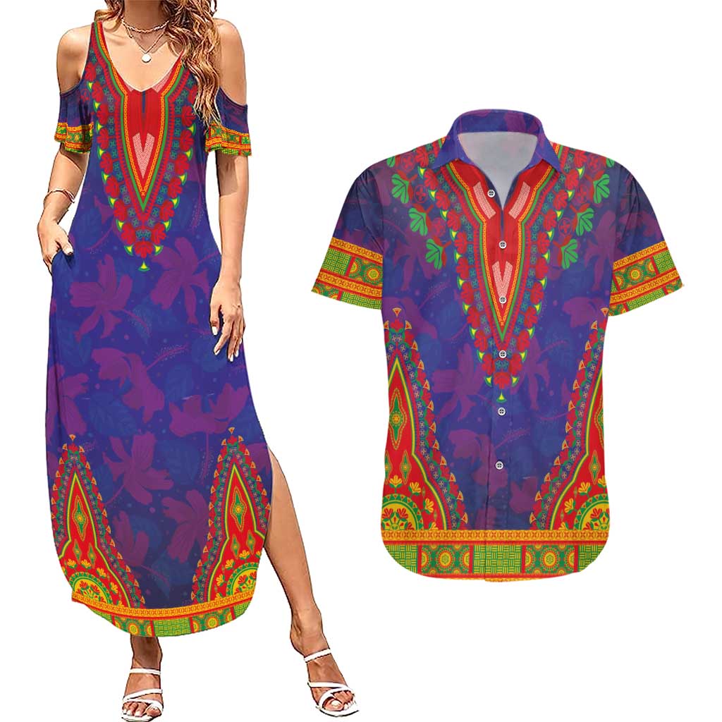 Haiti Choeblack Dashiki Style Couples Matching Summer Maxi Dress and Hawaiian Shirt Blue Color