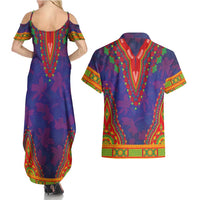 Haiti Choeblack Dashiki Style Couples Matching Summer Maxi Dress and Hawaiian Shirt Blue Color