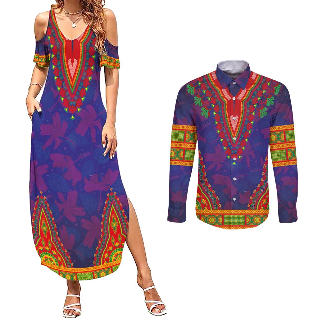 Haiti Choeblack Dashiki Style Couples Matching Summer Maxi Dress and Long Sleeve Button Shirt Blue Color