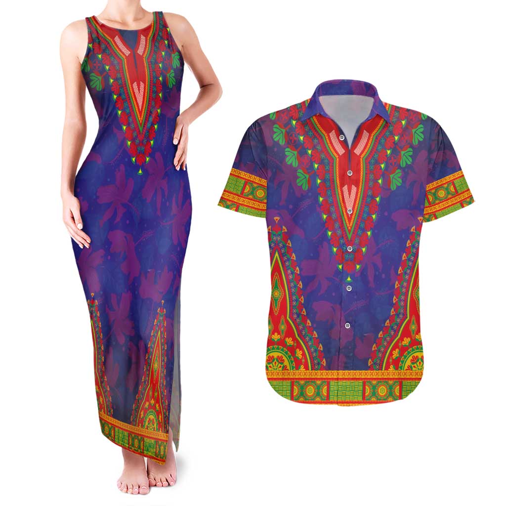 Haiti Choeblack Dashiki Style Couples Matching Tank Maxi Dress and Hawaiian Shirt Blue Color
