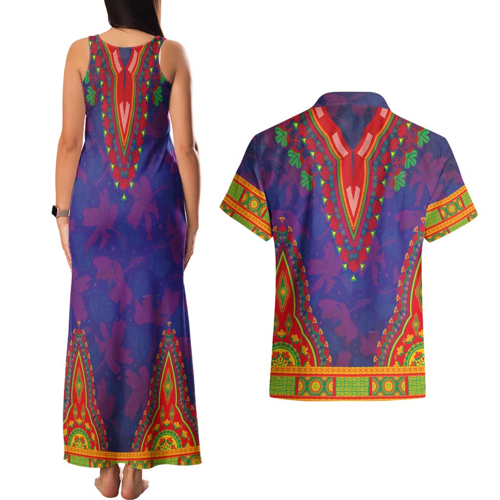 Haiti Choeblack Dashiki Style Couples Matching Tank Maxi Dress and Hawaiian Shirt Blue Color