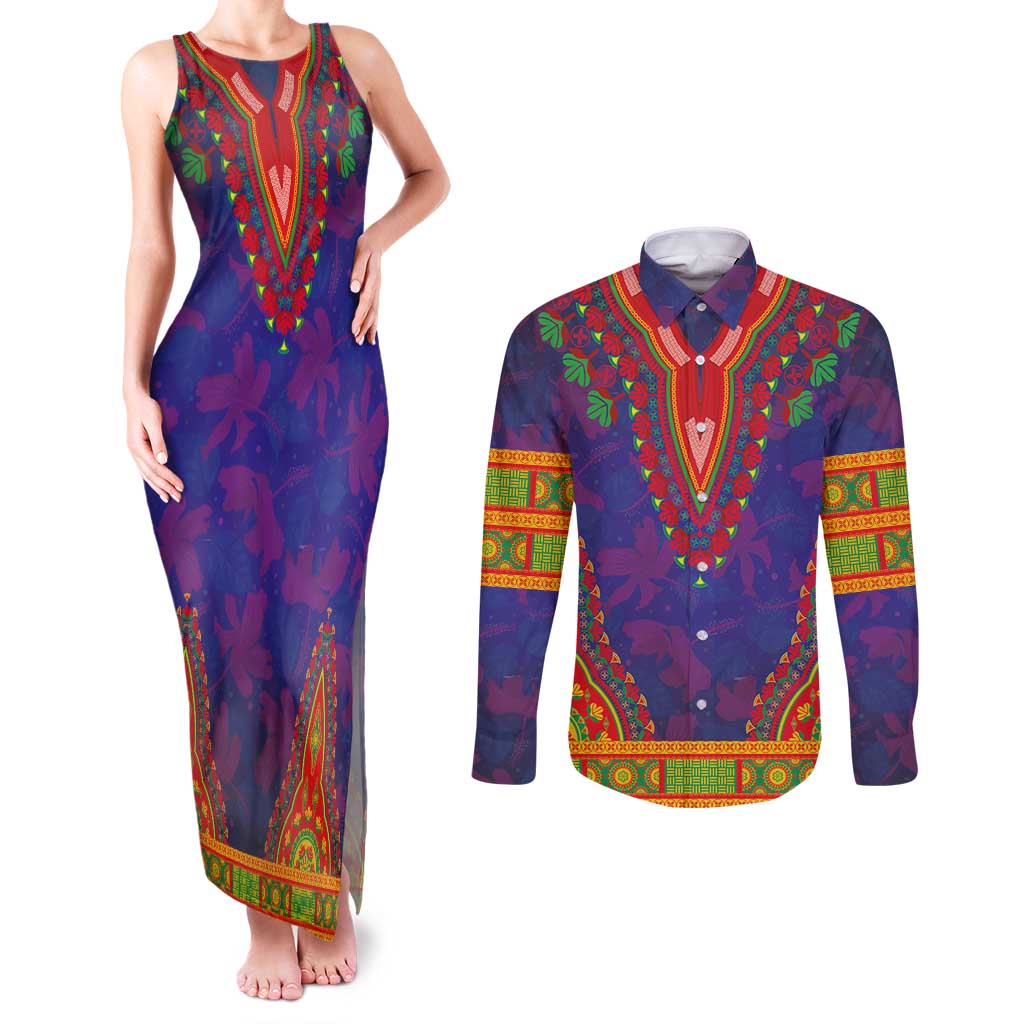 Haiti Choeblack Dashiki Style Couples Matching Tank Maxi Dress and Long Sleeve Button Shirt Blue Color