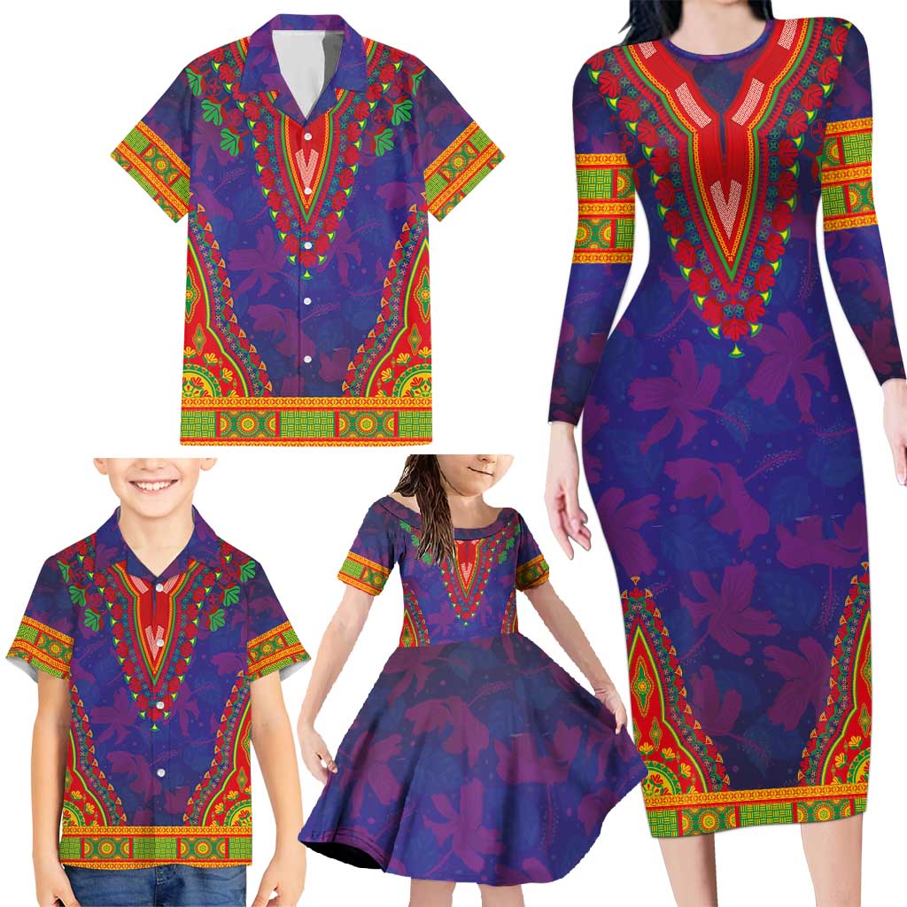 Haiti Choeblack Dashiki Style Family Matching Long Sleeve Bodycon Dress and Hawaiian Shirt Blue Color