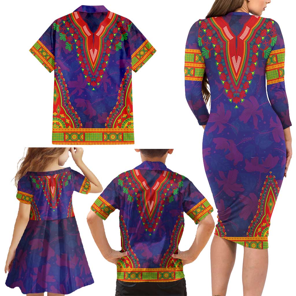 Haiti Choeblack Dashiki Style Family Matching Long Sleeve Bodycon Dress and Hawaiian Shirt Blue Color