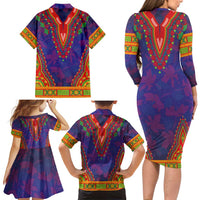 Haiti Choeblack Dashiki Style Family Matching Long Sleeve Bodycon Dress and Hawaiian Shirt Blue Color