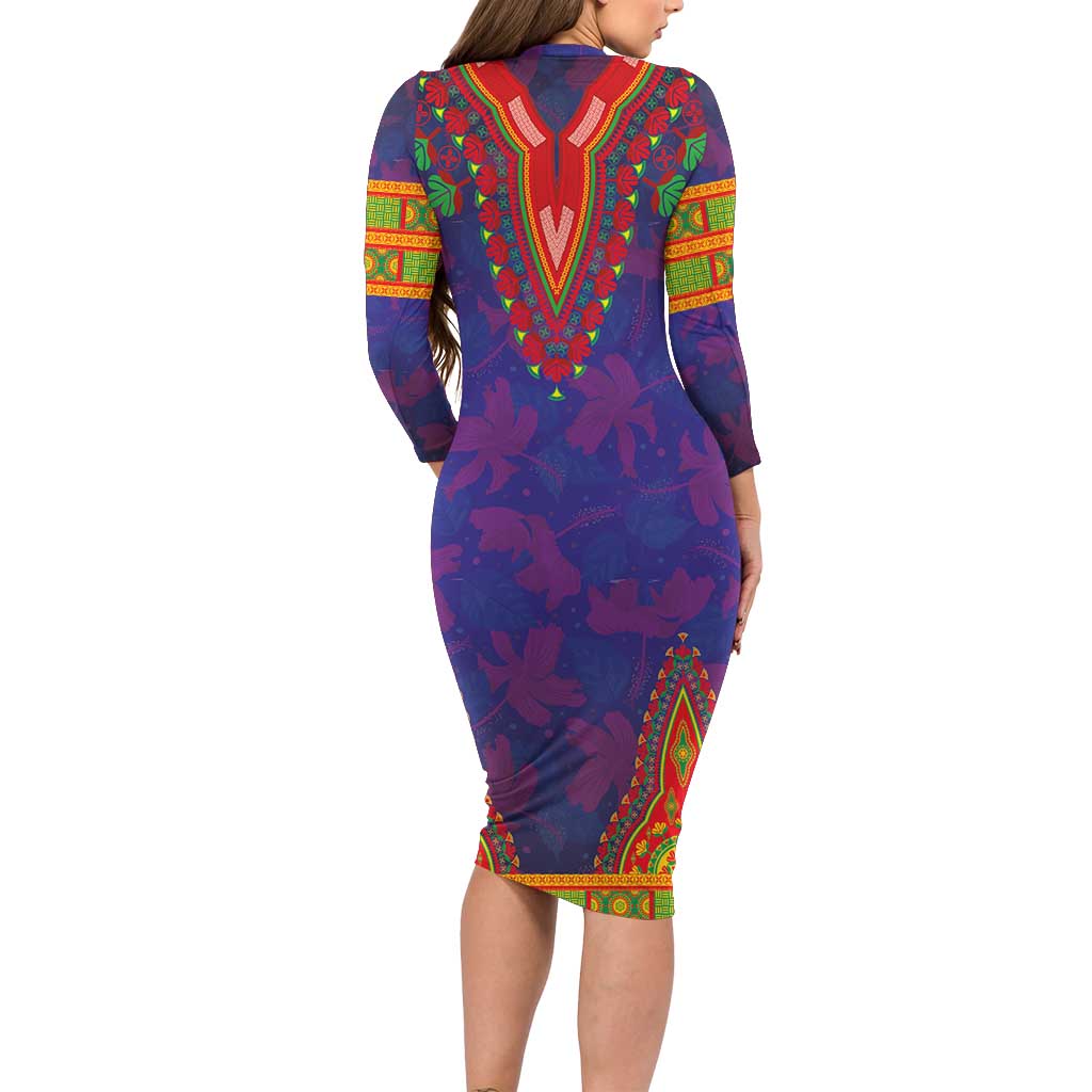 Haiti Choeblack Dashiki Style Family Matching Long Sleeve Bodycon Dress and Hawaiian Shirt Blue Color