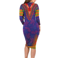 Haiti Choeblack Dashiki Style Family Matching Long Sleeve Bodycon Dress and Hawaiian Shirt Blue Color