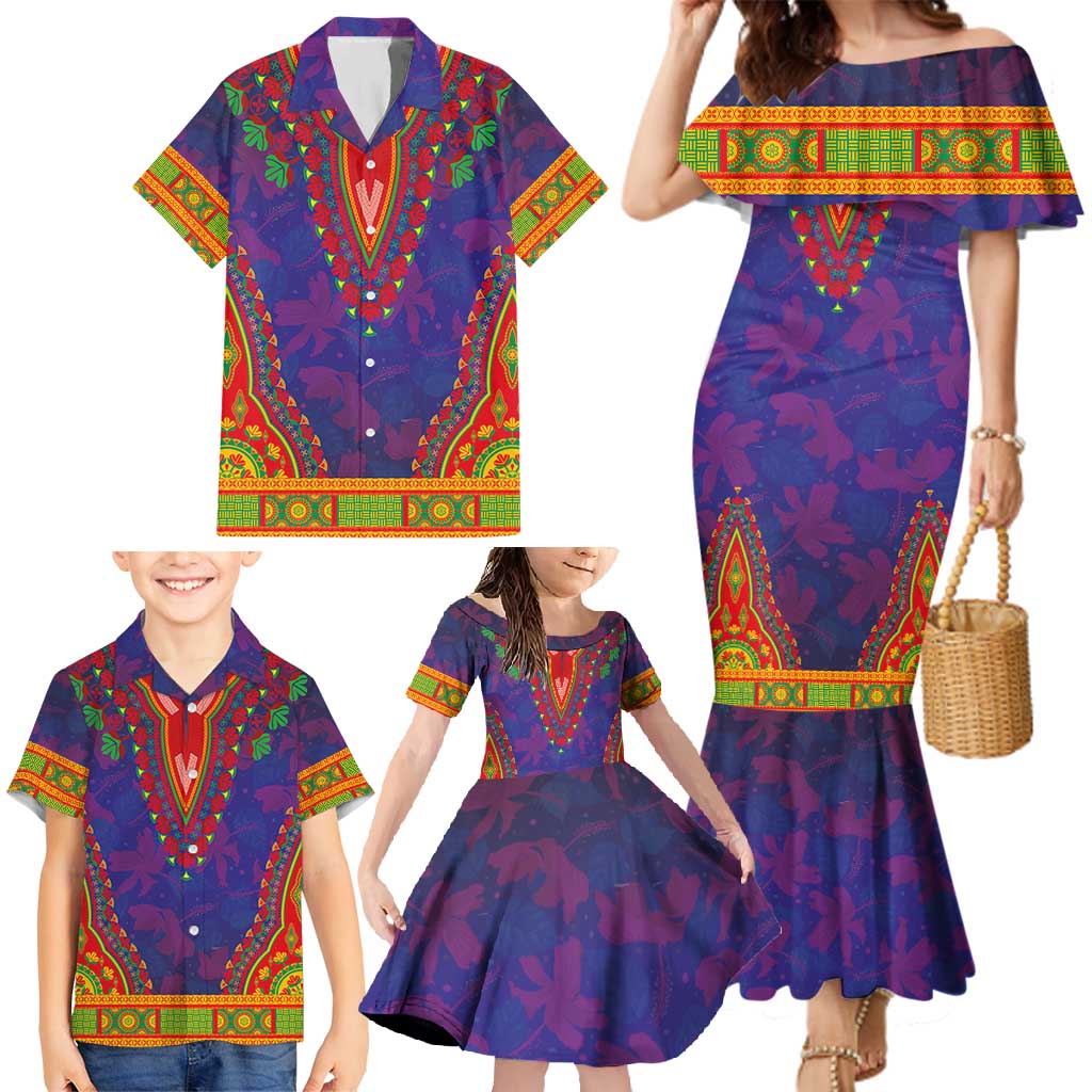 Haiti Choeblack Dashiki Style Family Matching Mermaid Dress and Hawaiian Shirt Blue Color