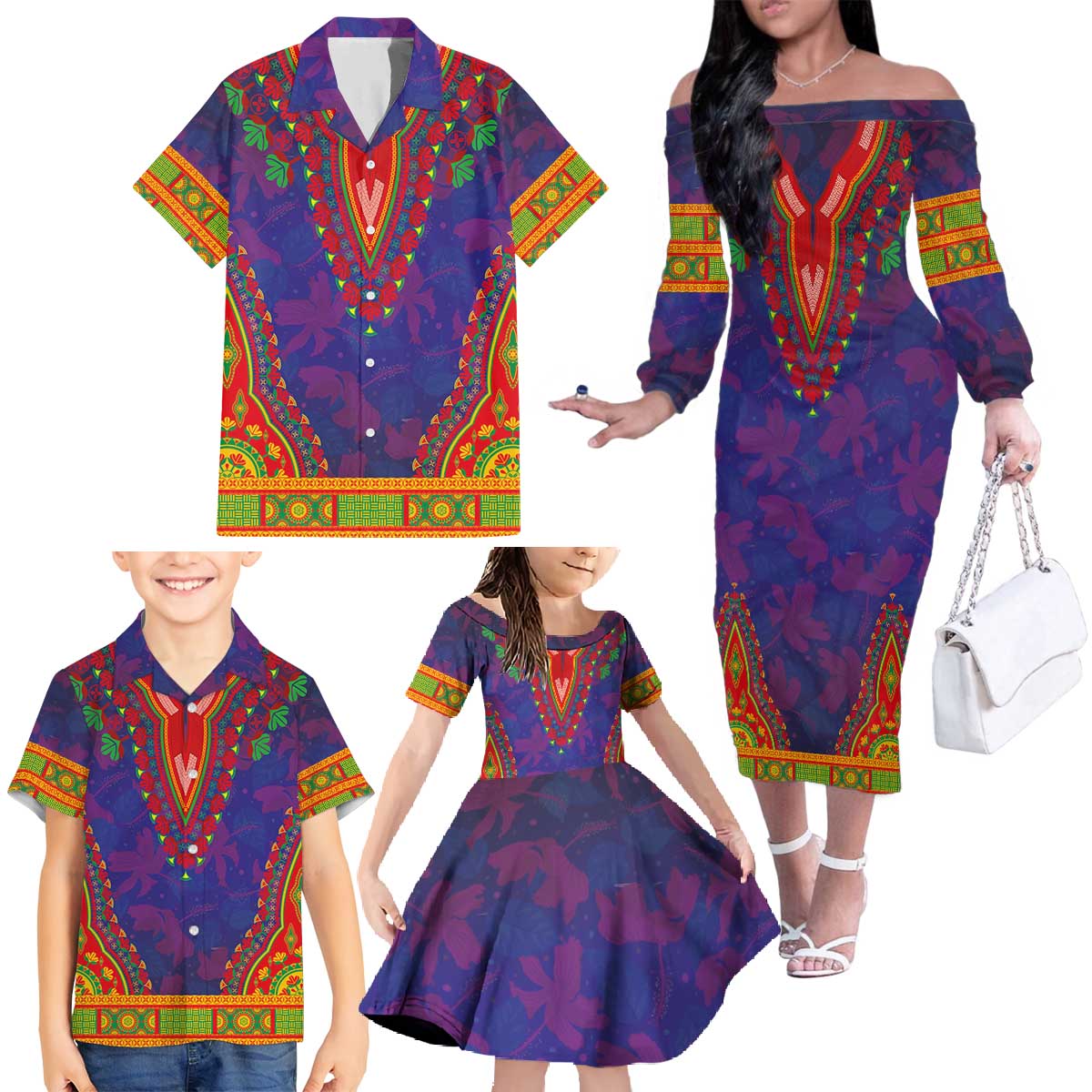 Haiti Choeblack Dashiki Style Family Matching Off The Shoulder Long Sleeve Dress and Hawaiian Shirt Blue Color