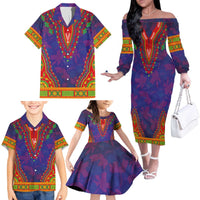 Haiti Choeblack Dashiki Style Family Matching Off The Shoulder Long Sleeve Dress and Hawaiian Shirt Blue Color