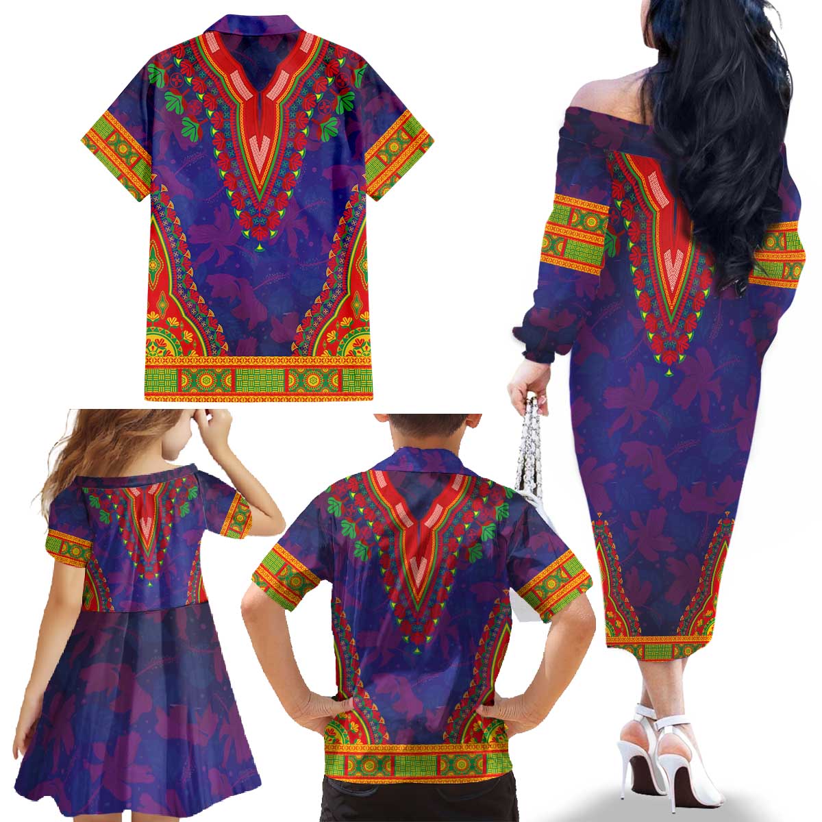 Haiti Choeblack Dashiki Style Family Matching Off The Shoulder Long Sleeve Dress and Hawaiian Shirt Blue Color