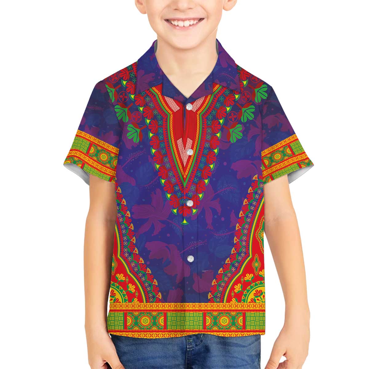 Haiti Choeblack Dashiki Style Family Matching Off The Shoulder Long Sleeve Dress and Hawaiian Shirt Blue Color