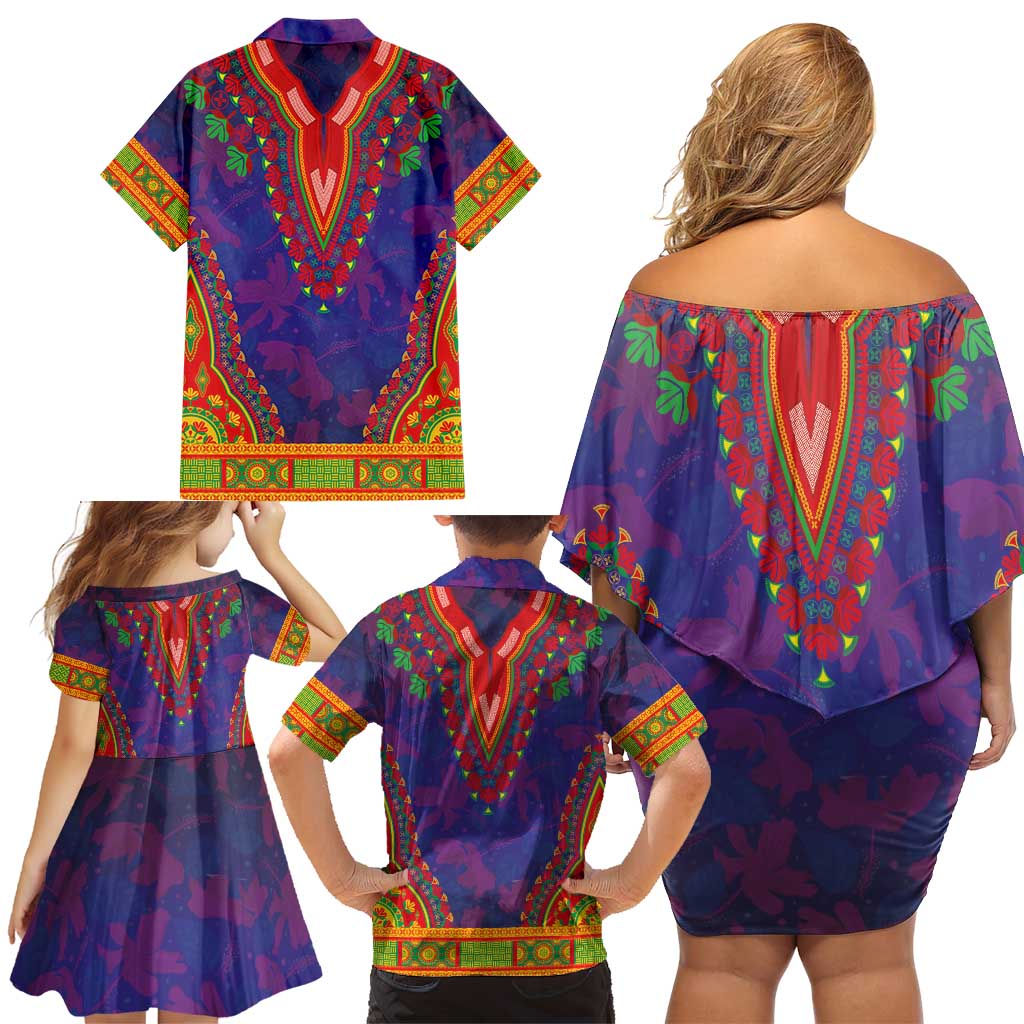 Haiti Choeblack Dashiki Style Family Matching Off Shoulder Short Dress and Hawaiian Shirt Blue Color