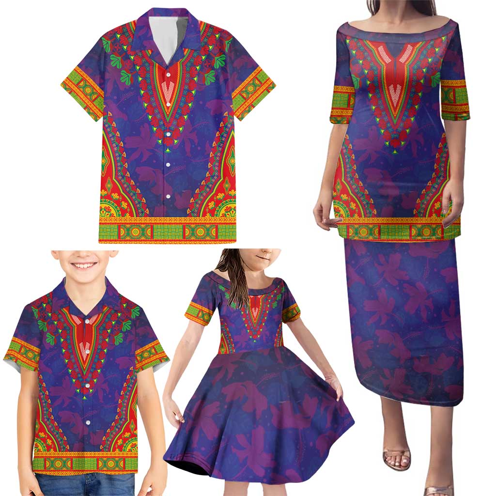 Haiti Choeblack Dashiki Style Family Matching Puletasi and Hawaiian Shirt Blue Color