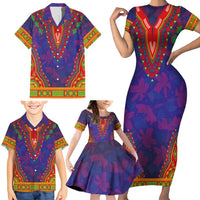 Haiti Choeblack Dashiki Style Family Matching Short Sleeve Bodycon Dress and Hawaiian Shirt Blue Color