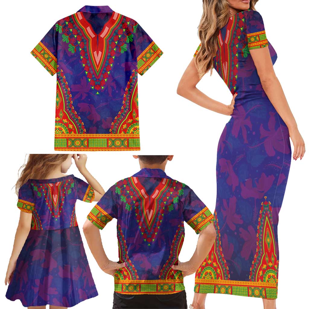 Haiti Choeblack Dashiki Style Family Matching Short Sleeve Bodycon Dress and Hawaiian Shirt Blue Color
