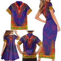 Haiti Choeblack Dashiki Style Family Matching Short Sleeve Bodycon Dress and Hawaiian Shirt Blue Color