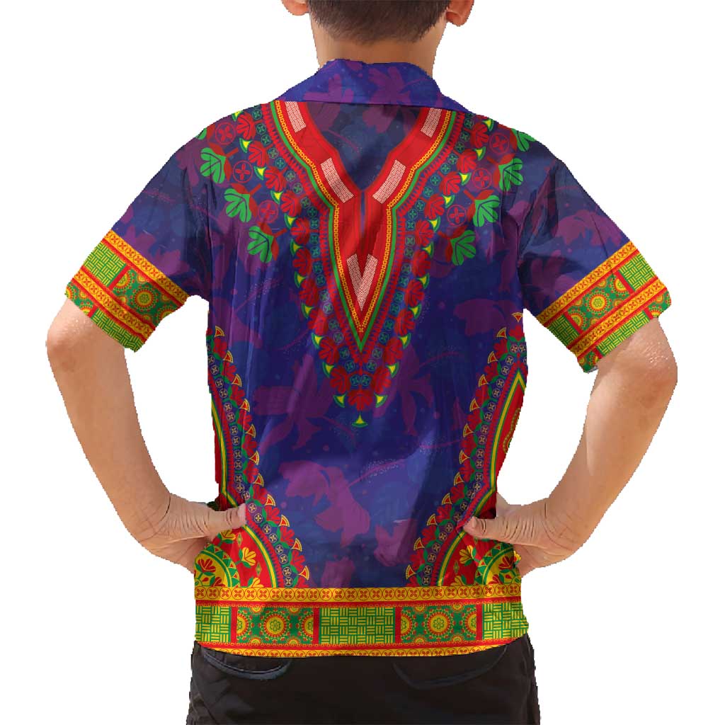 Haiti Choeblack Dashiki Style Family Matching Summer Maxi Dress and Hawaiian Shirt Blue Color