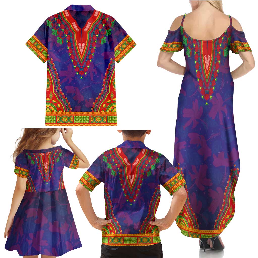 Haiti Choeblack Dashiki Style Family Matching Summer Maxi Dress and Hawaiian Shirt Blue Color