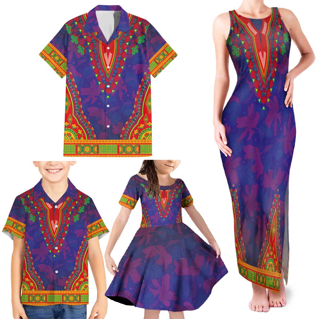 Haiti Choeblack Dashiki Style Family Matching Tank Maxi Dress and Hawaiian Shirt Blue Color