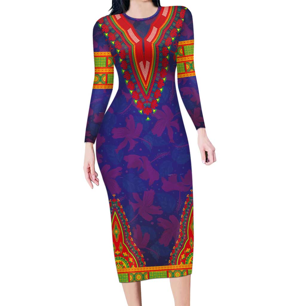 Haiti Choeblack Dashiki Style Long Sleeve Bodycon Dress Blue Color