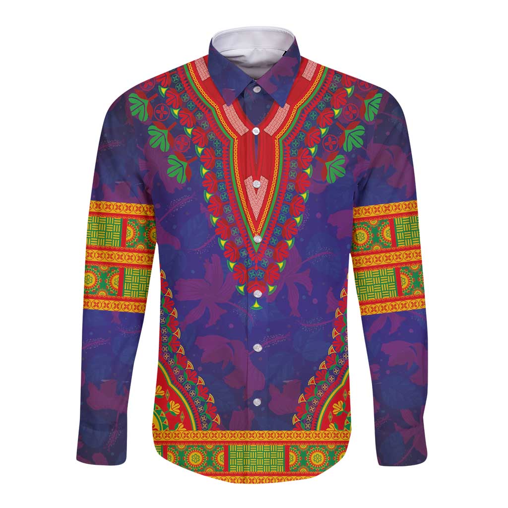 Haiti Choeblack Dashiki Style Long Sleeve Button Shirt Blue Color