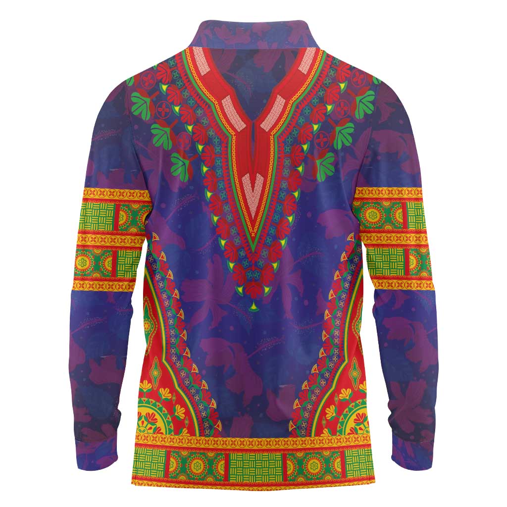 Haiti Choeblack Dashiki Style Long Sleeve Polo Shirt Blue Color
