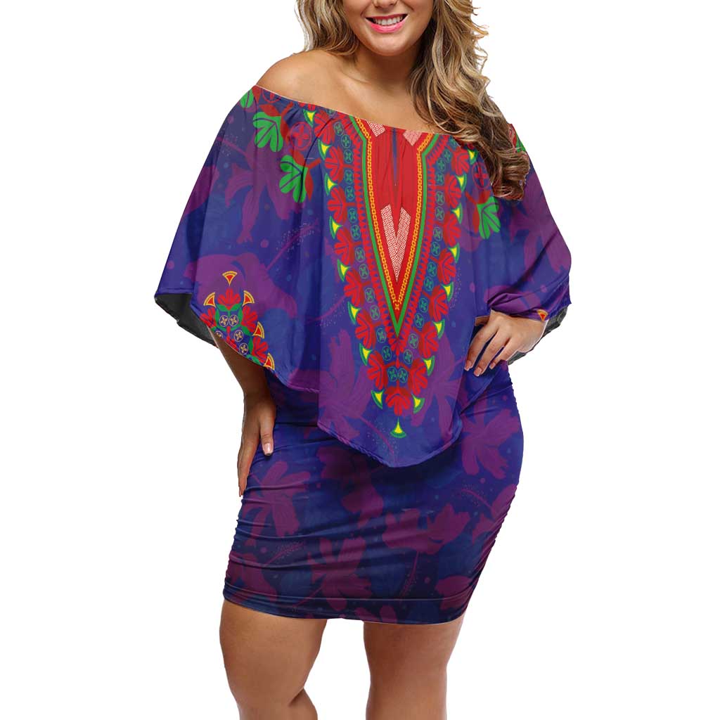 Haiti Choeblack Dashiki Style Off Shoulder Short Dress Blue Color