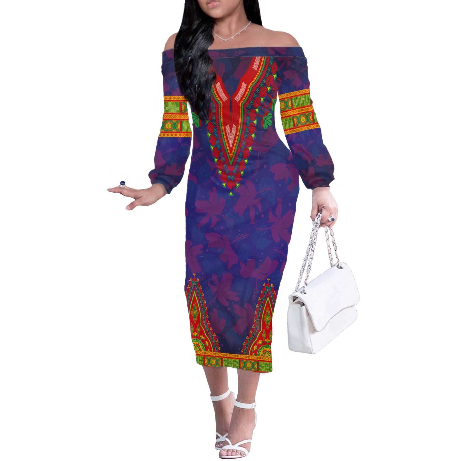 Haiti Choeblack Dashiki Style Off The Shoulder Long Sleeve Dress Blue Color