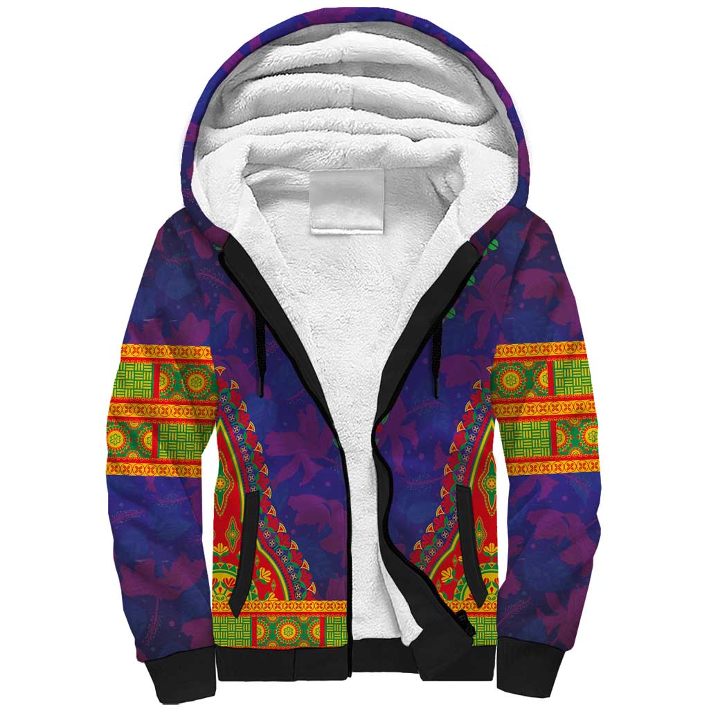 Haiti Choeblack Dashiki Style Sherpa Hoodie Blue Color