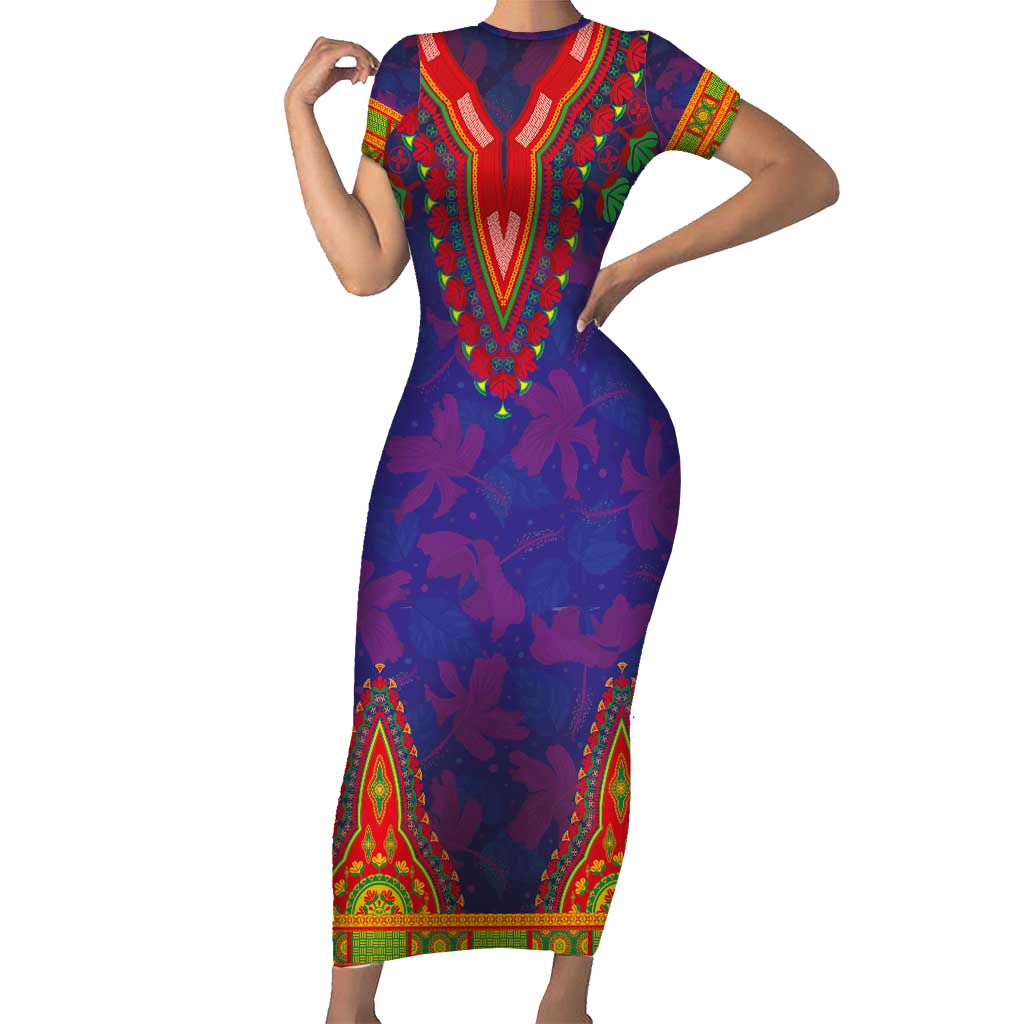 Haiti Choeblack Dashiki Style Short Sleeve Bodycon Dress Blue Color