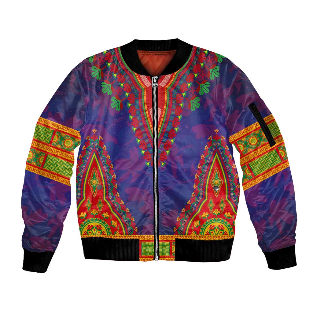 Haiti Choeblack Dashiki Style Sleeve Zip Bomber Jacket Blue Color