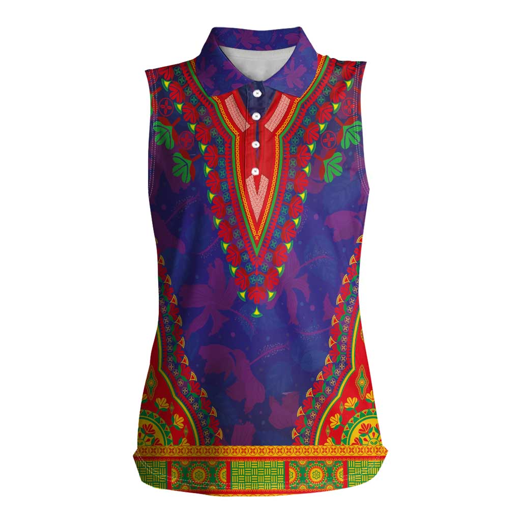 Haiti Choeblack Dashiki Style Women Sleeveless Polo Shirt Blue Color
