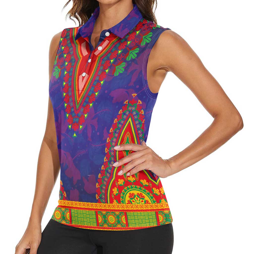 Haiti Choeblack Dashiki Style Women Sleeveless Polo Shirt Blue Color