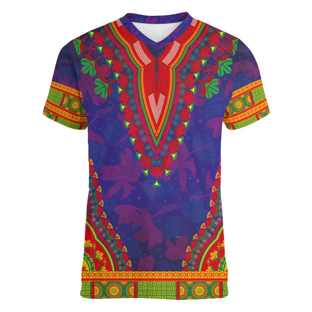 Haiti Choeblack Dashiki Style Women V-Neck T-Shirt Blue Color