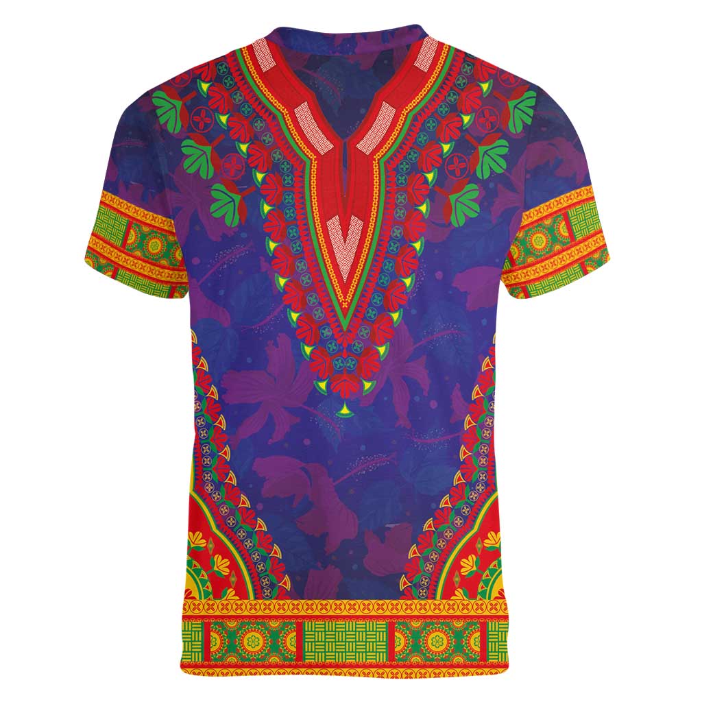 Haiti Choeblack Dashiki Style Women V-Neck T-Shirt Blue Color
