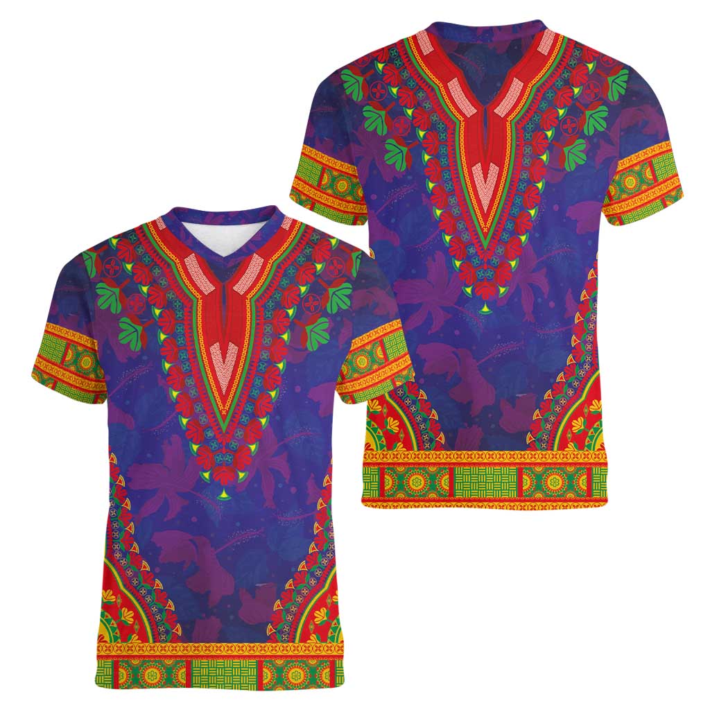 Haiti Choeblack Dashiki Style Women V-Neck T-Shirt Blue Color