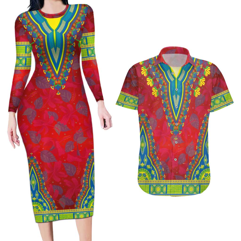 Haiti Choeblack Dashiki Style Couples Matching Long Sleeve Bodycon Dress and Hawaiian Shirt Red Color