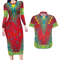 Haiti Choeblack Dashiki Style Couples Matching Long Sleeve Bodycon Dress and Hawaiian Shirt Red Color