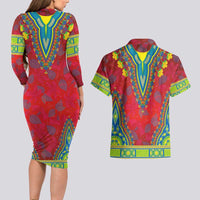 Haiti Choeblack Dashiki Style Couples Matching Long Sleeve Bodycon Dress and Hawaiian Shirt Red Color