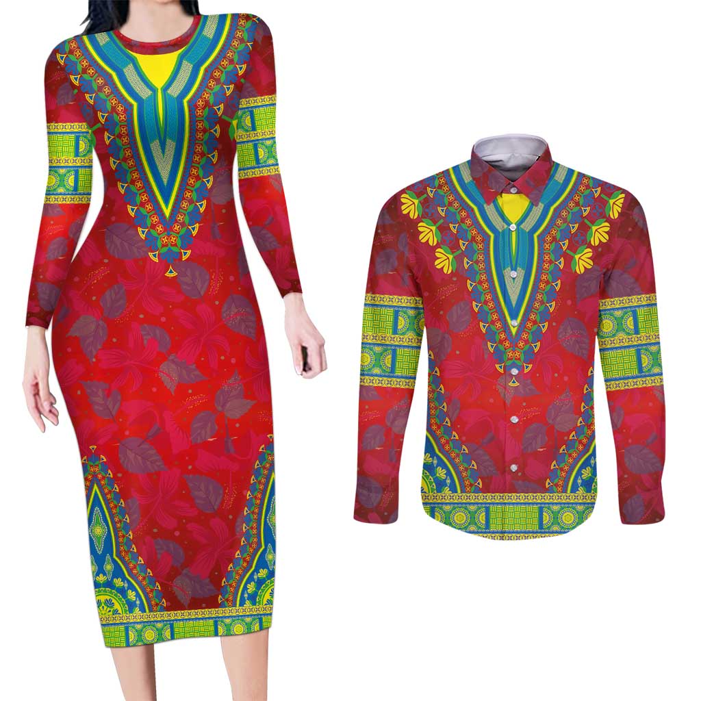 Haiti Choeblack Dashiki Style Couples Matching Long Sleeve Bodycon Dress and Long Sleeve Button Shirt Red Color