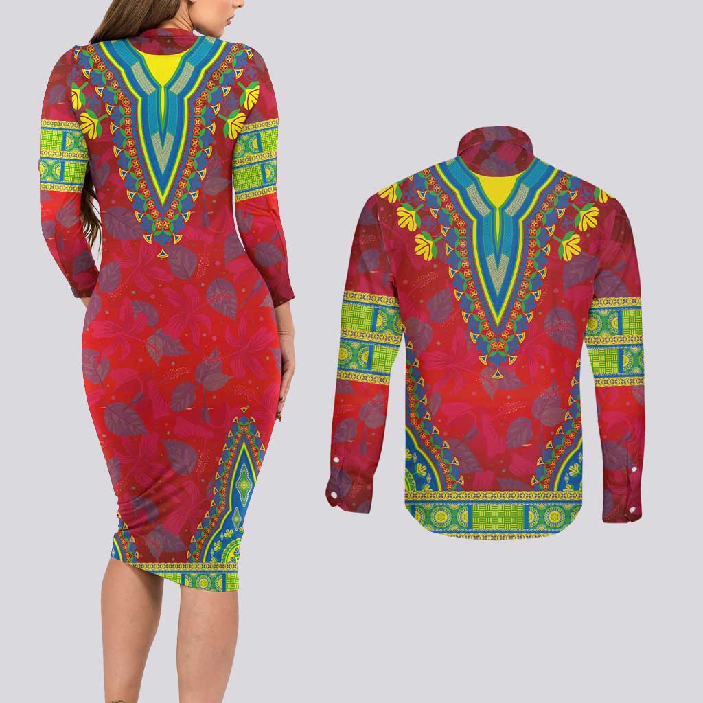 Haiti Choeblack Dashiki Style Couples Matching Long Sleeve Bodycon Dress and Long Sleeve Button Shirt Red Color